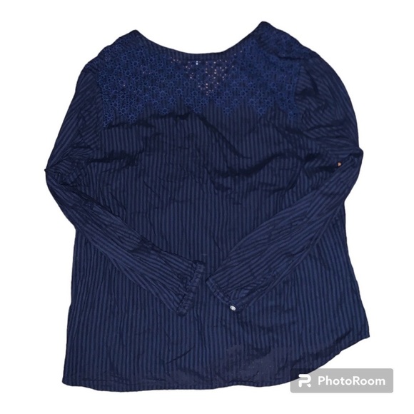 Lane Bryant size 20W 2X 1X blue eyelet blouse striped roll tab sleeves prairie - Picture 7 of 7